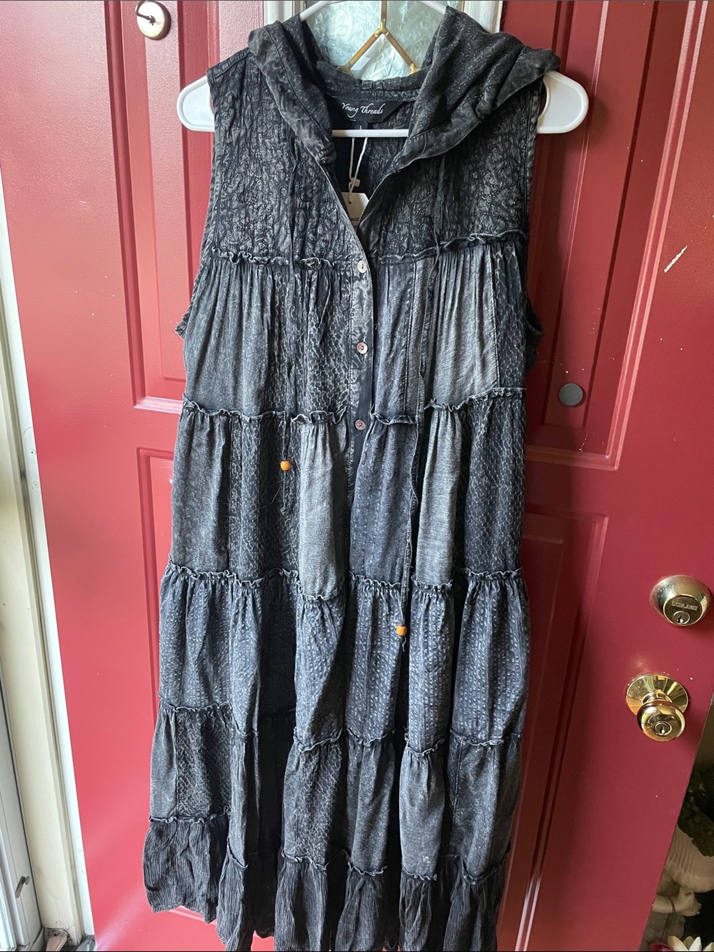 Boho Tiered Hooded Maxi Dress in Charcoal Gray ,Steel Gray ,Black Young Threads